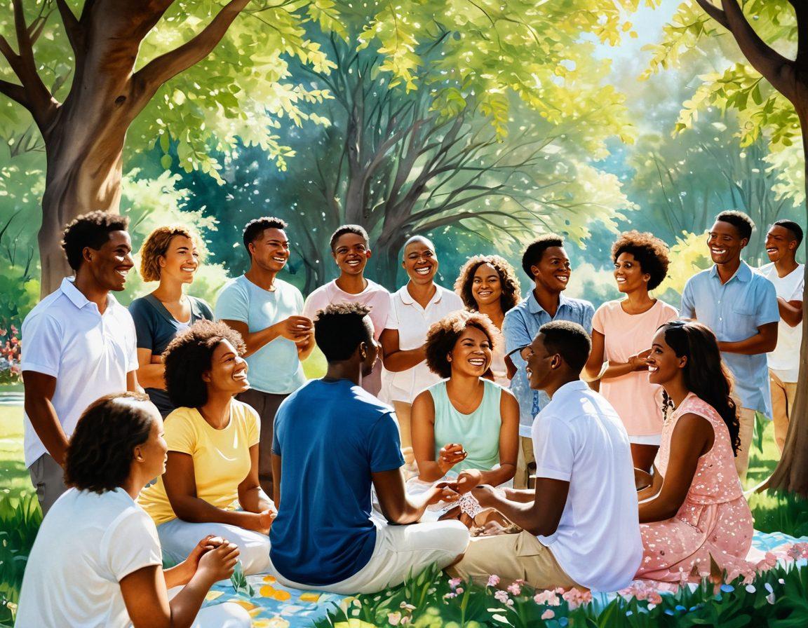 A harmonious gathering of diverse people sharing smiles and laughter in a sunlit park, surrounded by blooming flowers and tall trees. They are engaged in collaborative activities, embodying support, optimism, and unity. Soft rays of sunlight filter through the leaves, creating a warm and inviting atmosphere. pastel colors. vibrant details. painting.
