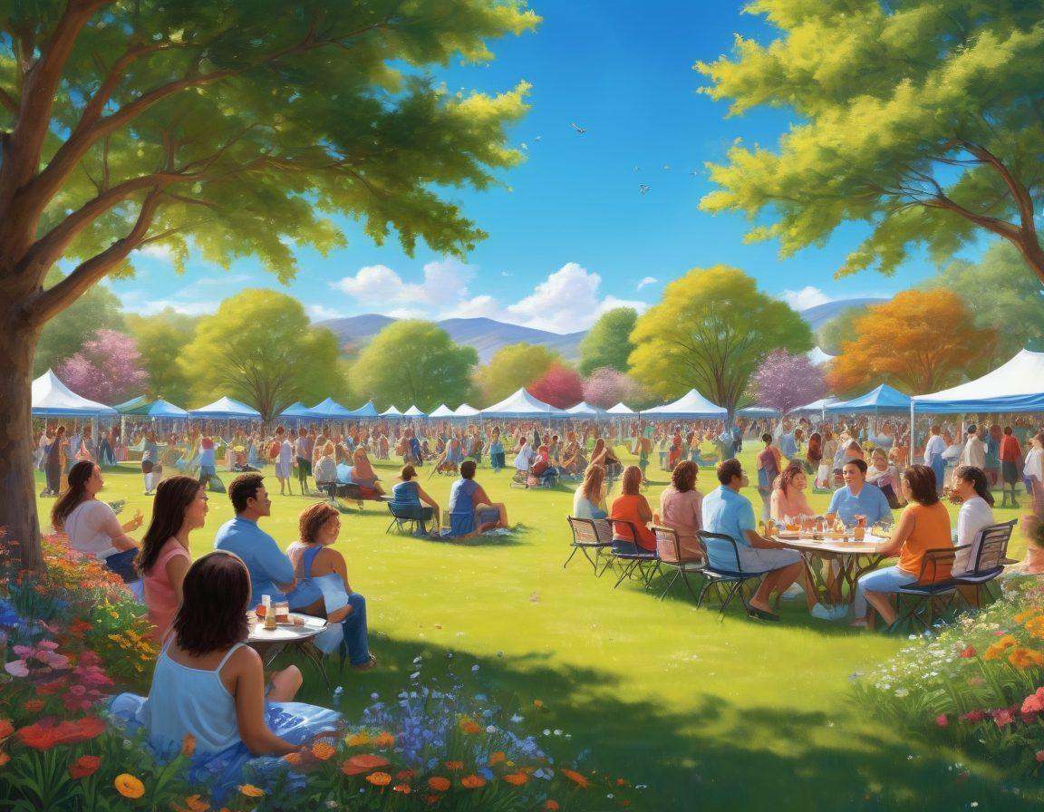 A vibrant community gathering in a sunny park, people of diverse backgrounds engaging in joyful activities like laughter, art, and music, flowers blooming around them, a backdrop of a bright blue sky, showcasing emotional wellness and friendship. super-realistic. vibrant colors. outdoor setting.