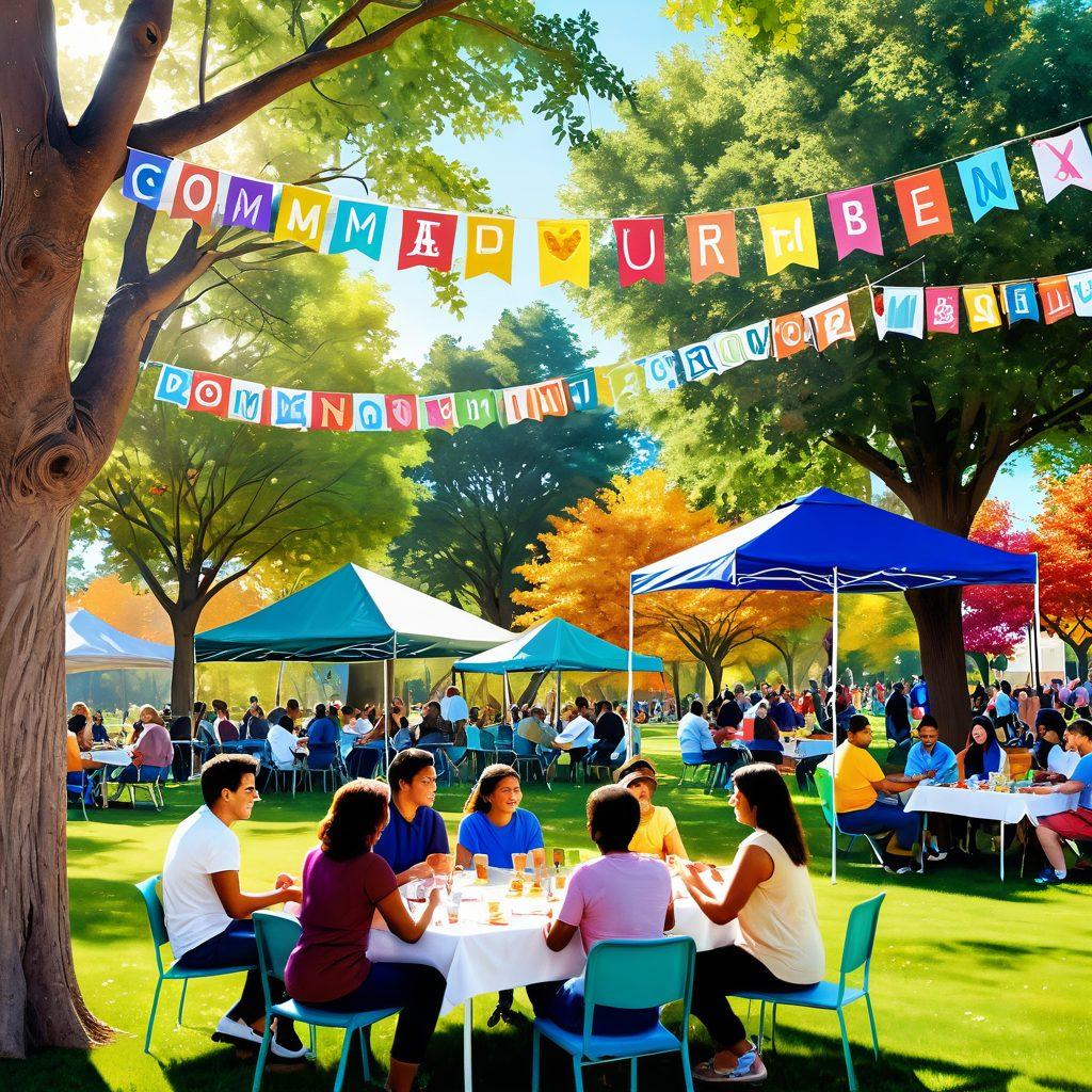 A vibrant community gathering in a sunny park, showcasing diverse individuals engaging in joyful activities like playing games, sharing food, and conversing. Include colorful banners that say 'Community Spirit' and 'Personal Growth' hanging from trees. The background features colorful flowers and trees, symbolizing growth and connection. super-realistic. vibrant colors. warm lighting.